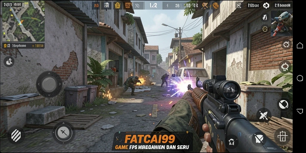 Screenshot utama dari gameplay FATCAI99 menampilkan aksi pertarungan FPS yang mendebarkan.