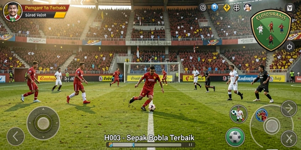 Tampilan gameplay seru dalam H03 yang menampilkan aksi sepak bola nyata.