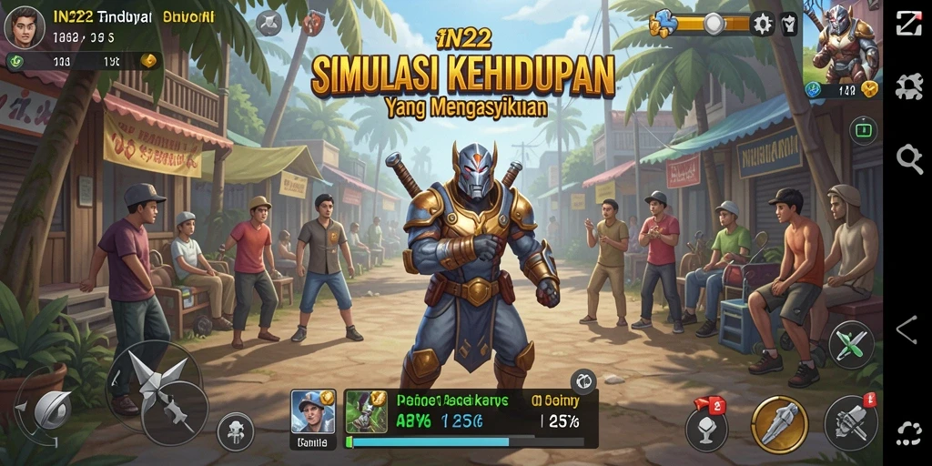 Screenshot gameplay IN22 yang menampilkan interaksi karakter dalam simulasi kehidupan.