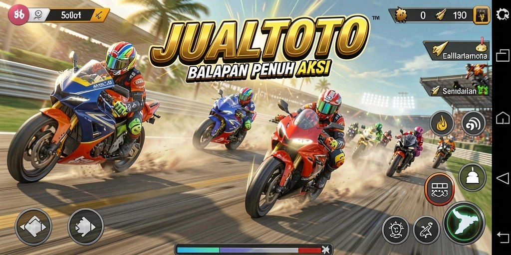 Screenshot utama JUALTOTO menampilkan adegan balap motor dengan kecepatan tinggi.