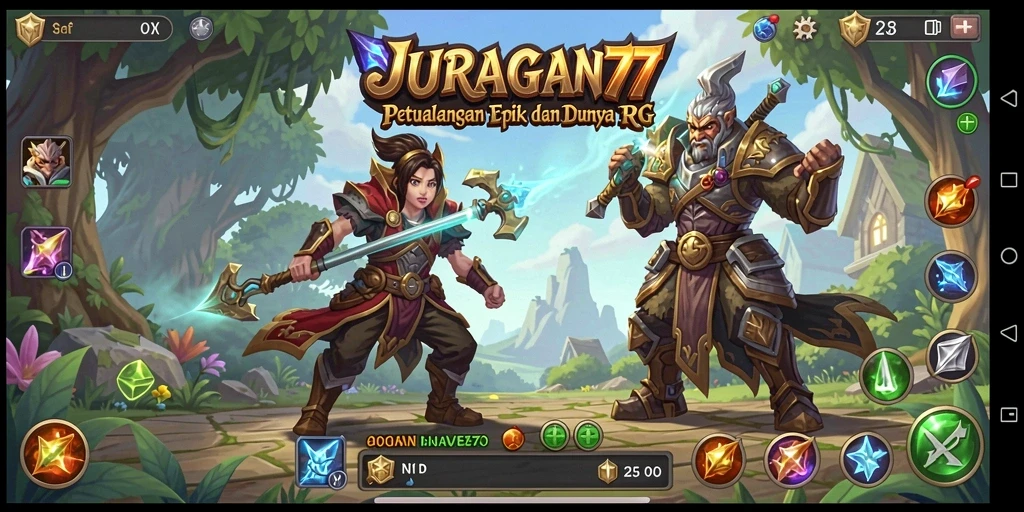 Tangkapan layar gameplay JURAGAN77 menampilkan pertempuran epik dan pembangunan kerajaan.