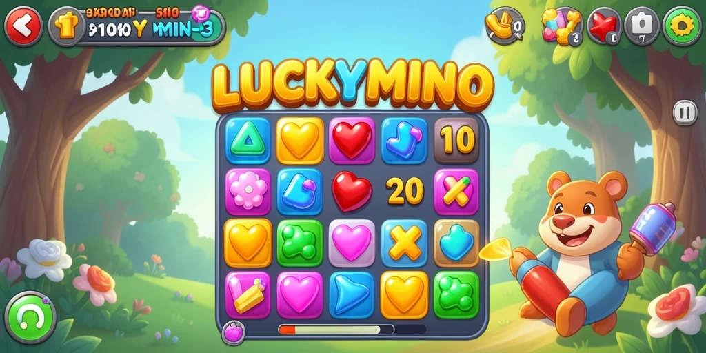 Tampilan gameplay LUCKYMINO dengan kombinasi warna dan tantangan Match-3.