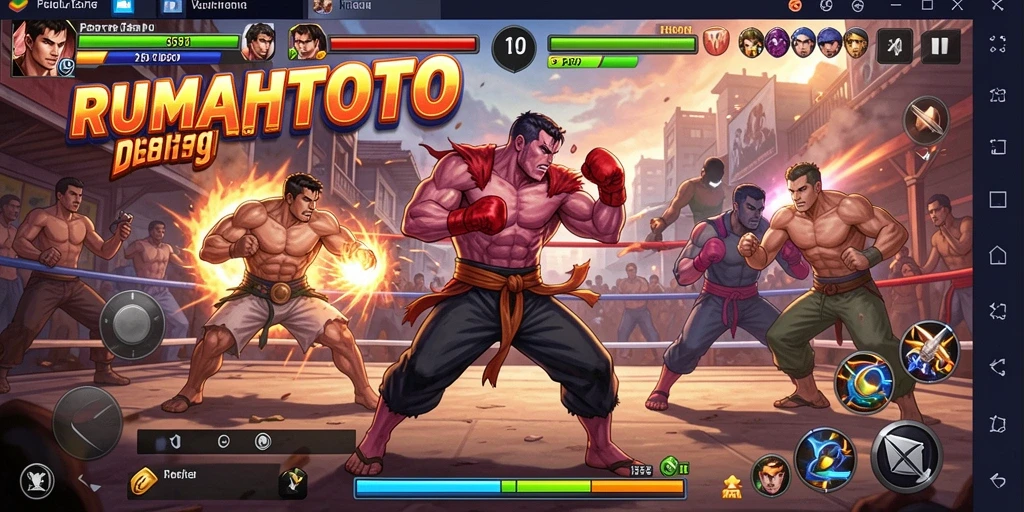 Tampilan gameplay RUMAHTOTO yang menampilkan pertarungan seru antara karakter.