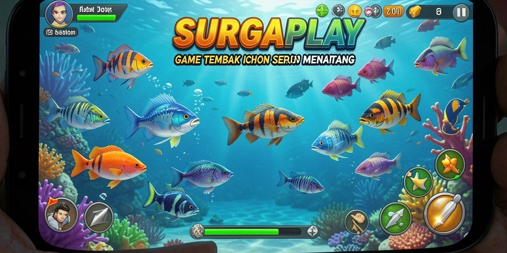 Screenshot dari gameplay SURGAPLAY yang menampilkan aksi menangkap ikan.