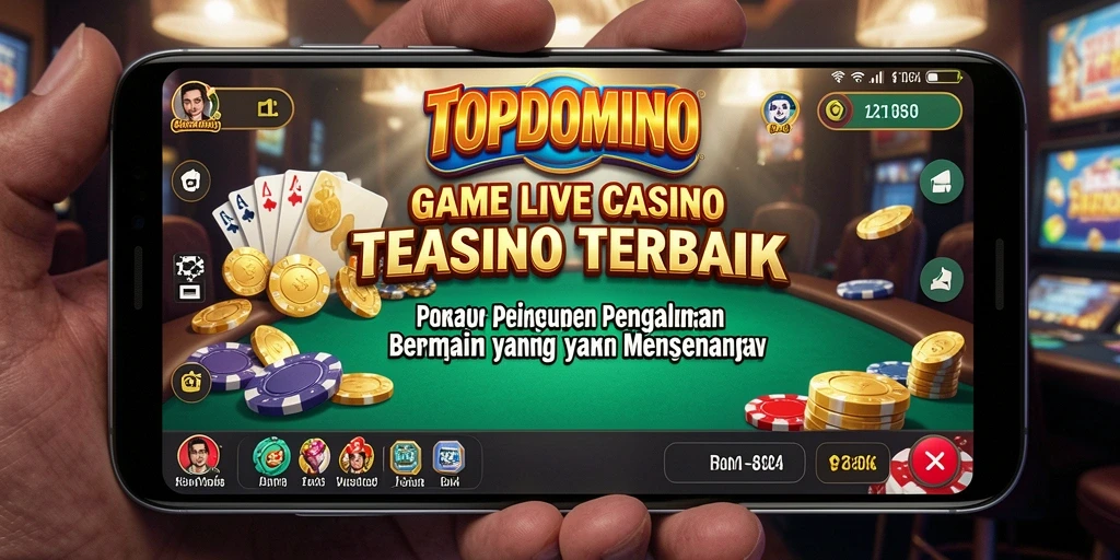 Screenshot gameplay TOPDOMINO dengan dealer langsung dan interaksi seru.